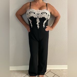 Black Jumpsuit Without Belt Lace Insert Bustier Cami Unitard